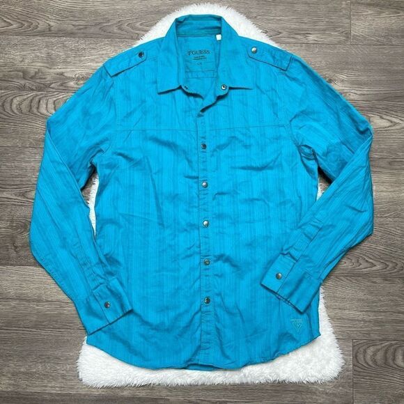 Guess Blue Snap Front Long Sleeve Shirt Mens Size Small or Youth Large Cotton - Picture 2 of 9